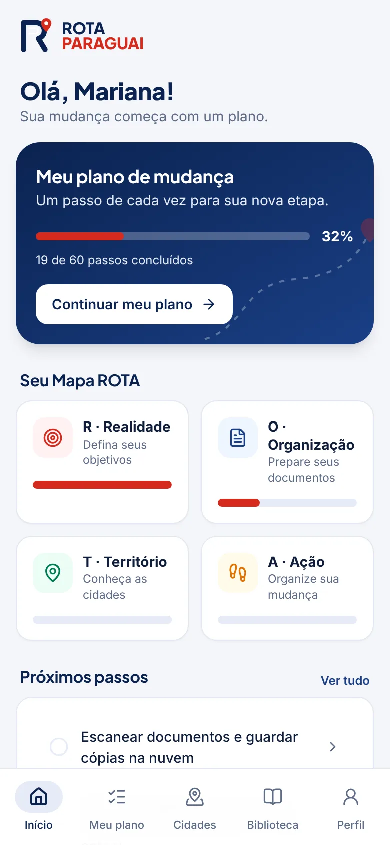 Tela inicial do app Rota Paraguai com o progresso do plano