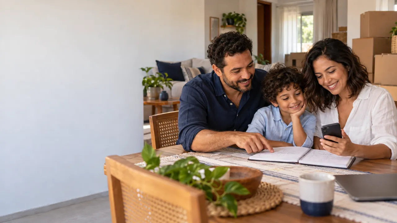 Família brasileira planejando a mudança para o Paraguai à mesa da sala